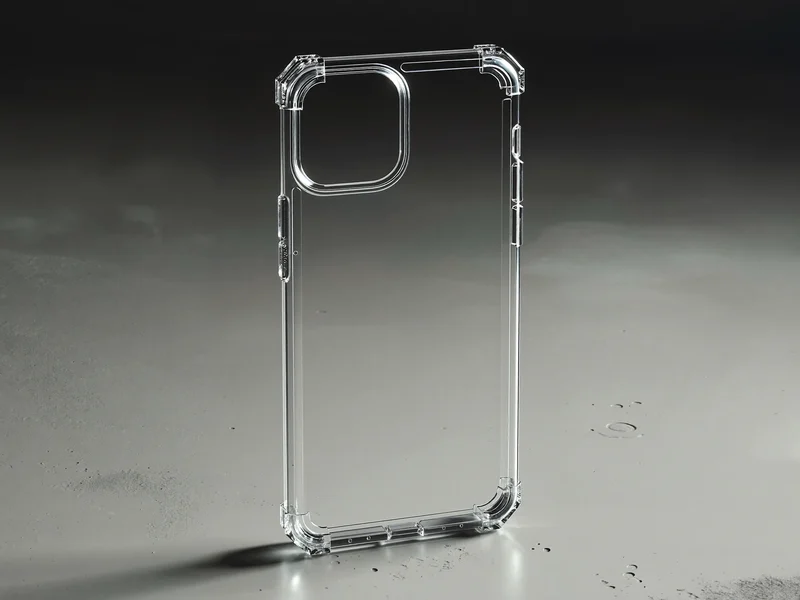 Schlanke transparente Hülle mit verstärkten Ecken auf einer hellen Betonfläche