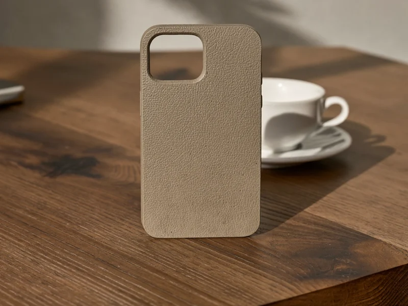 Geschlossene Folio-Wallet-Hülle in Lederoptik auf einem Holzschreibtisch neben einer Tasse