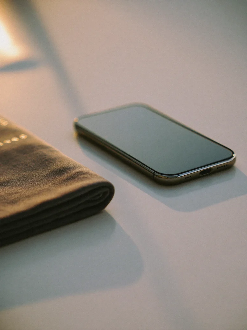Hartglas-Displayschutz neben einem Smartphone mit gefaltetem Mikrofasertuch auf weißem Tisch