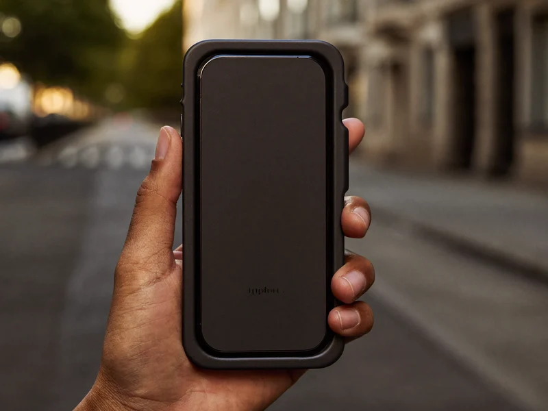 Hand hält ein Smartphone in Schutzhülle beim Gehen durch eine Stadtstraße